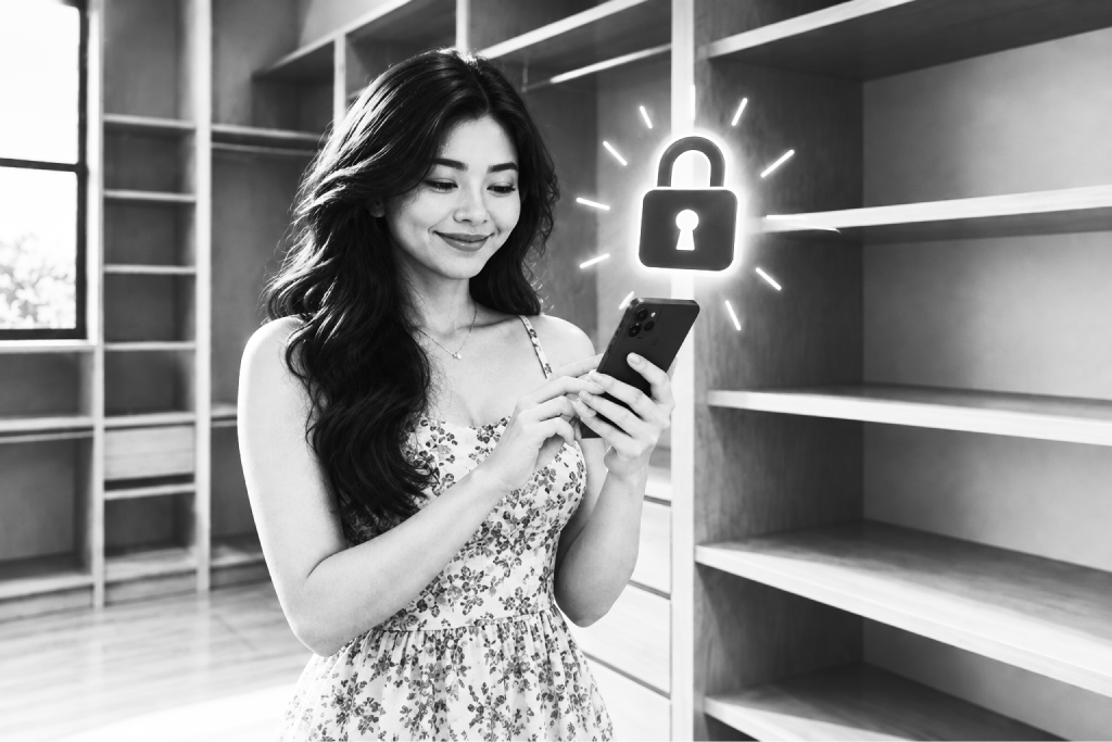 A woman checking her phone with a padlock symbol beside her