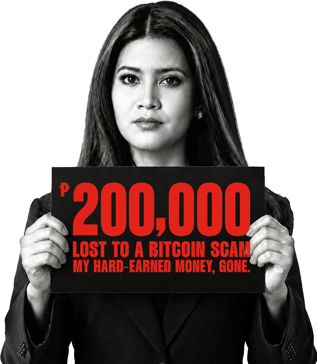A woman holding a sign about losing ₱200,000 to a bitcoin scam