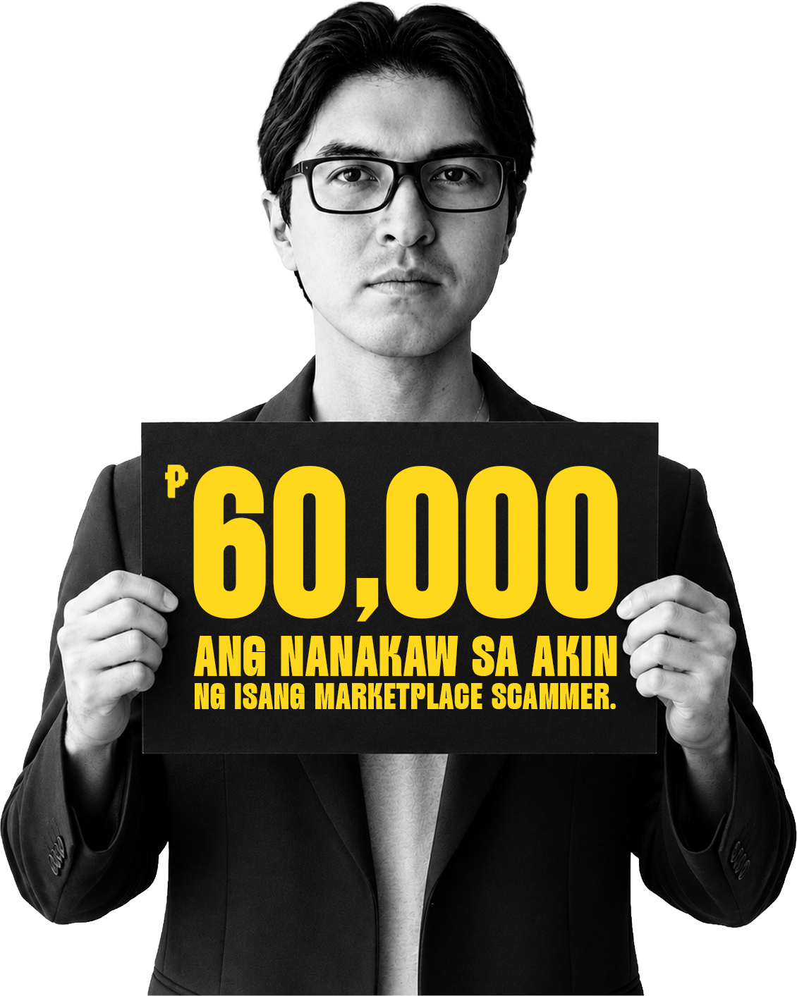 A man holding a sign about losing ₱60,000 to a marketplace scam