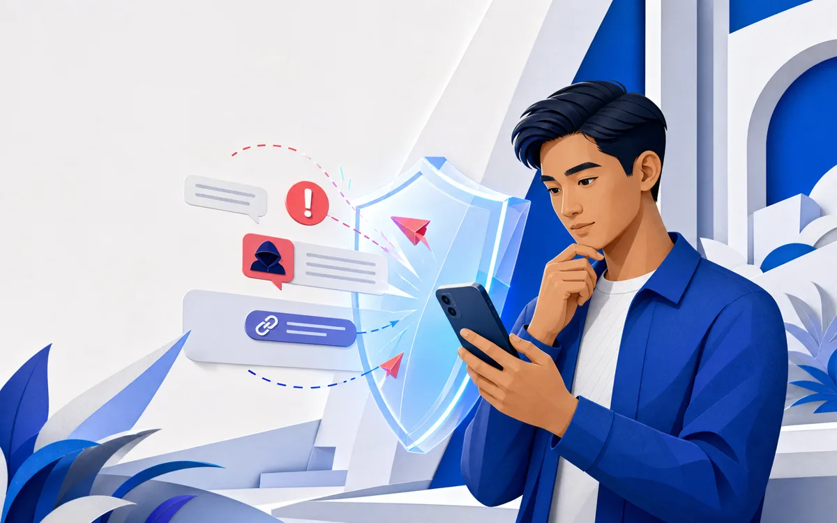 A person calmly checking a suspicious phone message behind a protective shield